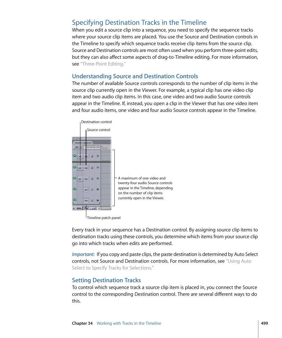 Specifying destination tracks in the timeline, Understanding source and destination controls, Setting destination tracks | Apple Final Cut Pro 7 User Manual | Page 499 / 1990