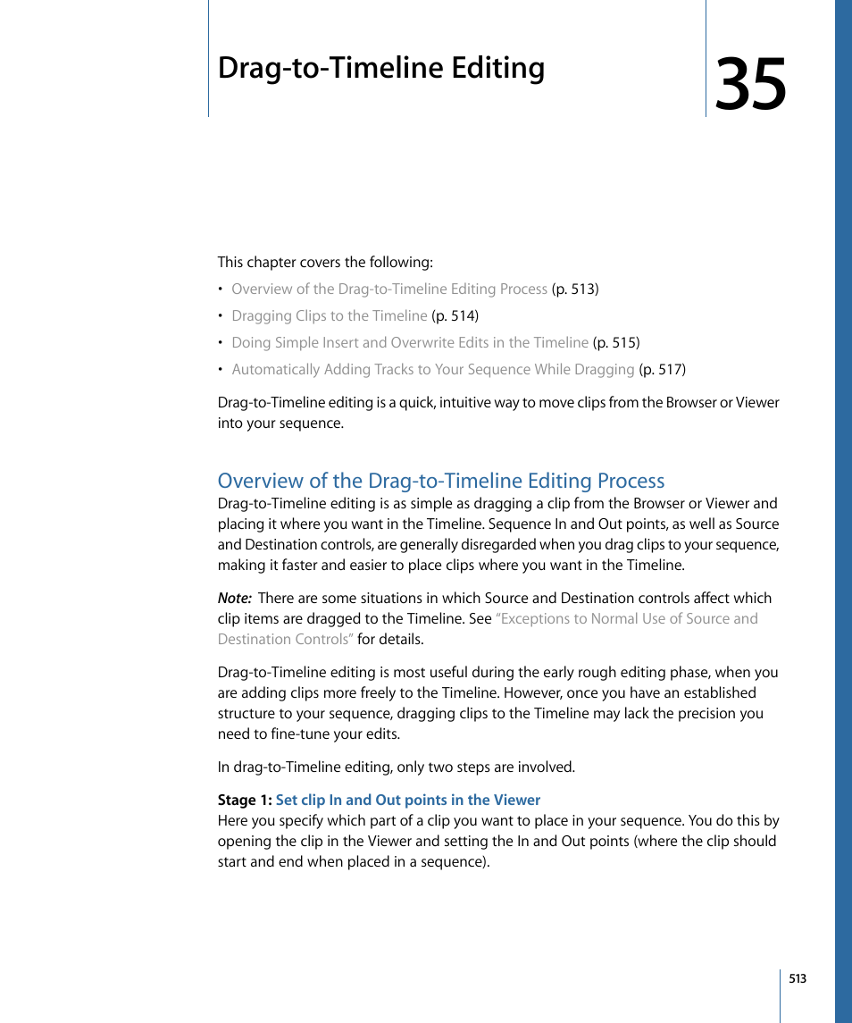 Drag-to-timeline editing, Overview of the drag-to-timeline editing process | Apple Final Cut Pro 7 User Manual | Page 513 / 1990