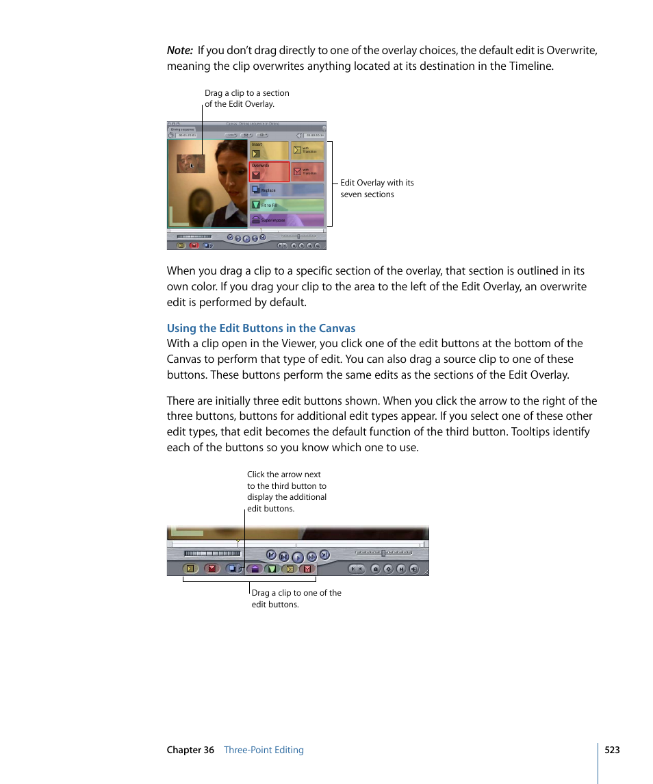 Using the edit buttons in the canvas | Apple Final Cut Pro 7 User Manual | Page 523 / 1990
