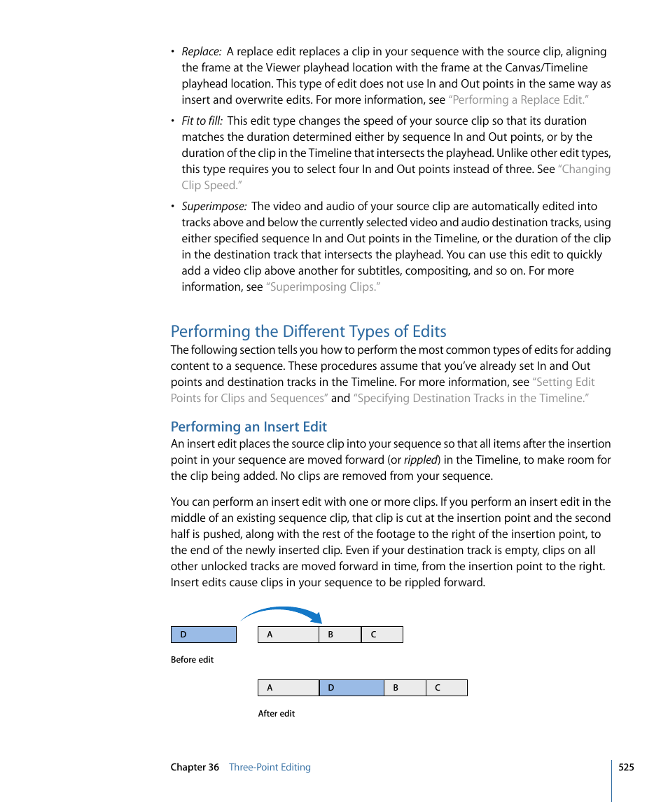 Performing the different types of edits, Performing an insert edit | Apple Final Cut Pro 7 User Manual | Page 525 / 1990