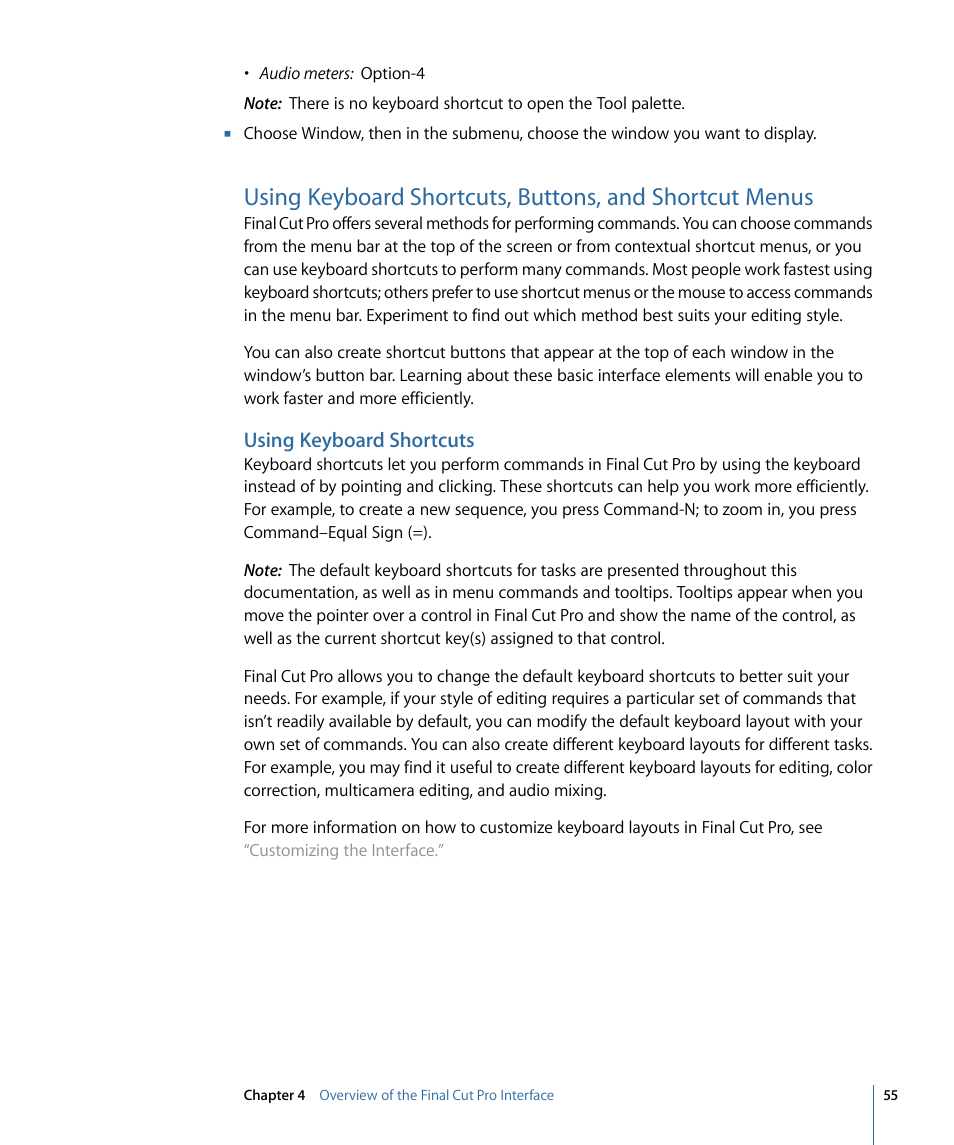 Using keyboard shortcuts | Apple Final Cut Pro 7 User Manual | Page 55 / 1990