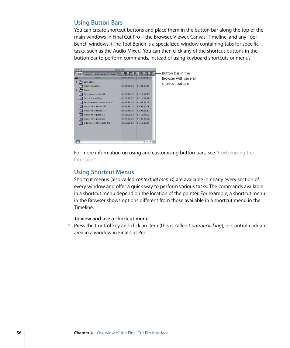 Using button bars, Using shortcut menus | Apple Final Cut Pro 7 User Manual | Page 56 / 1990