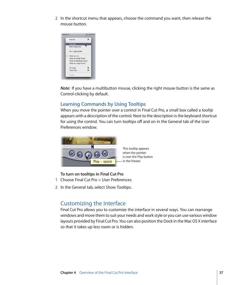 Learning commands by using tooltips, Customizing the interface | Apple Final Cut Pro 7 User Manual | Page 57 / 1990