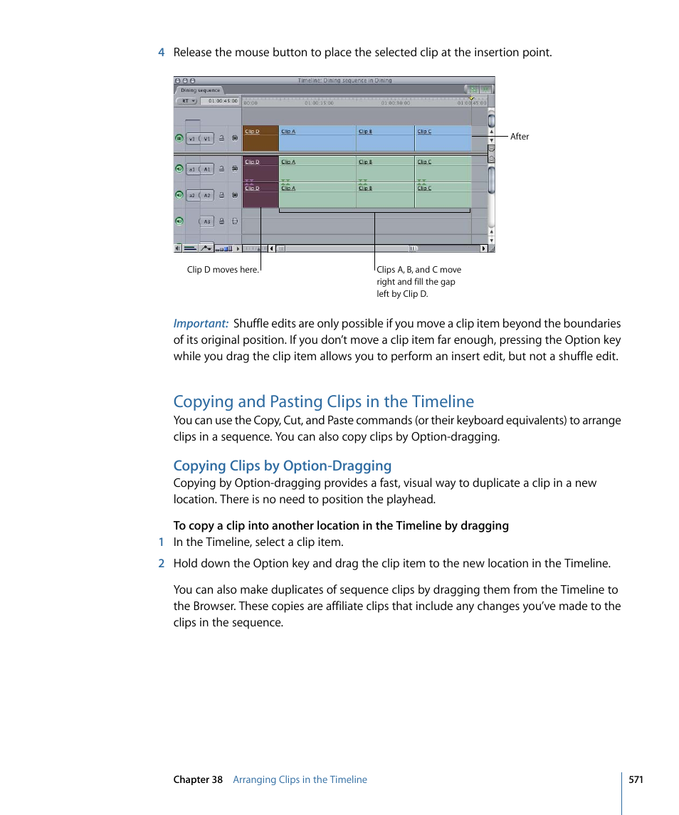 Copying and pasting clips in the timeline, Copying clips by option-dragging | Apple Final Cut Pro 7 User Manual | Page 571 / 1990