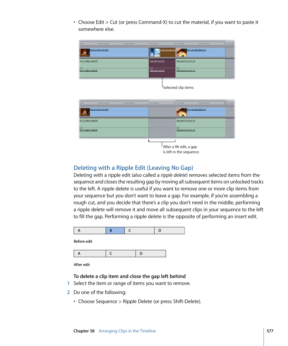 Deleting with a ripple edit (leaving no gap) | Apple Final Cut Pro 7 User Manual | Page 577 / 1990