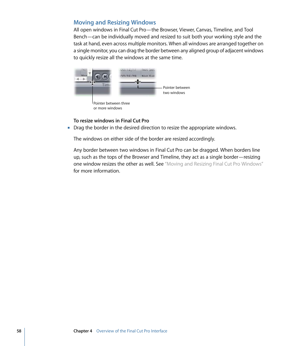 Moving and resizing windows | Apple Final Cut Pro 7 User Manual | Page 58 / 1990
