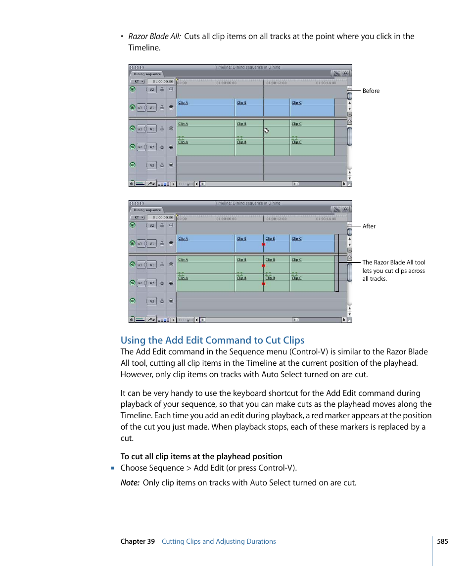 Using the add edit command to cut clips | Apple Final Cut Pro 7 User Manual | Page 585 / 1990