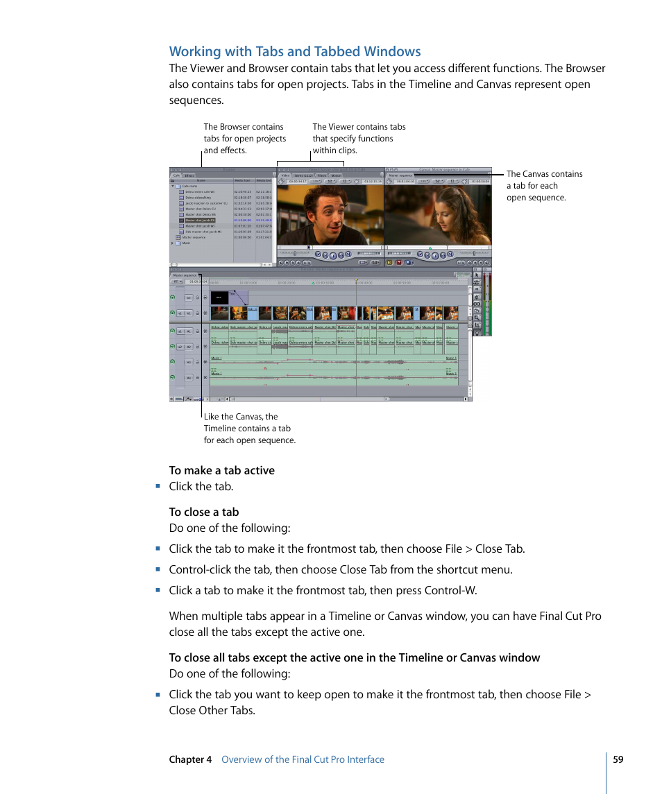 Working with tabs and tabbed windows | Apple Final Cut Pro 7 User Manual | Page 59 / 1990