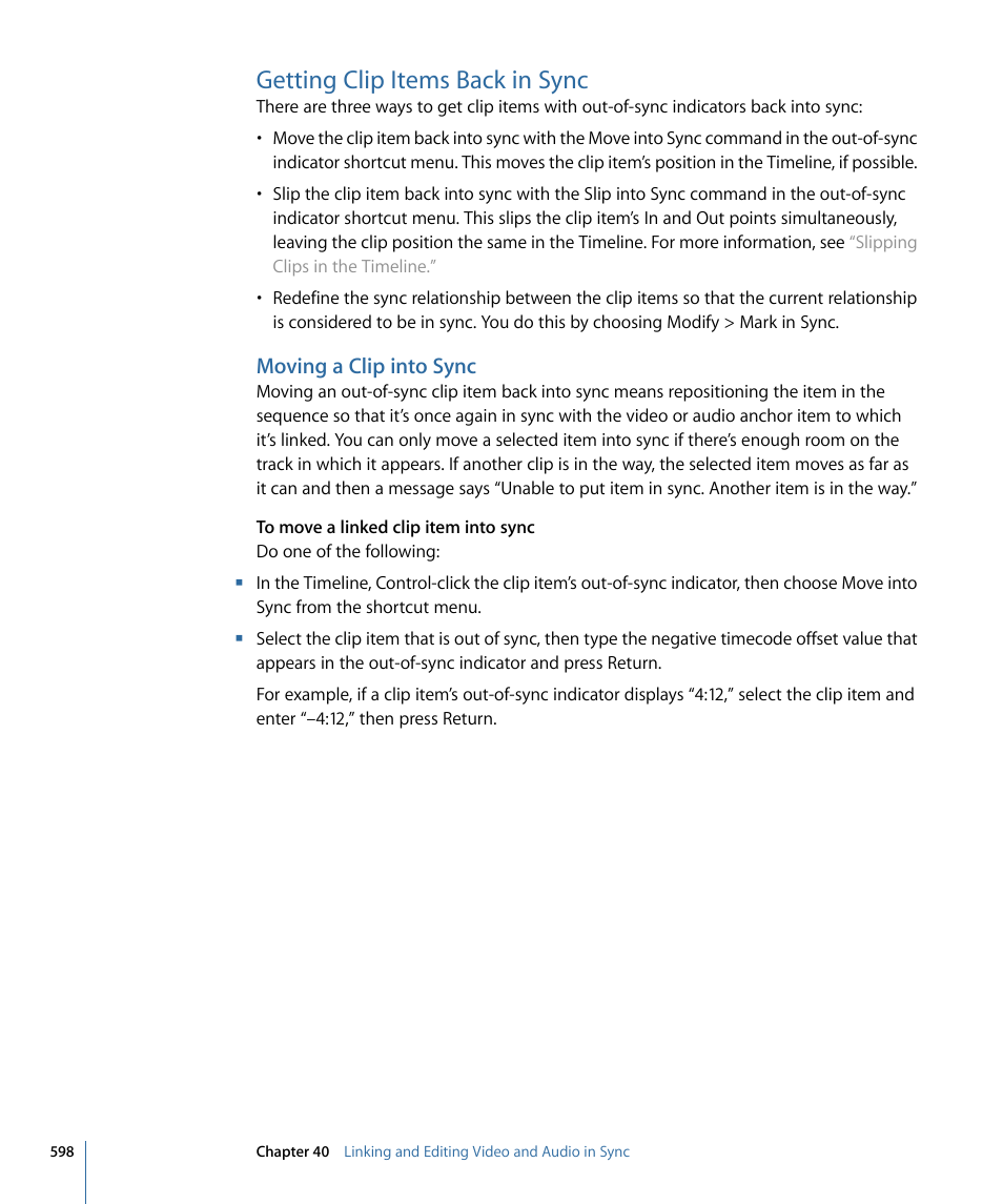 Getting clip items back in sync, Moving a clip into sync | Apple Final Cut Pro 7 User Manual | Page 598 / 1990
