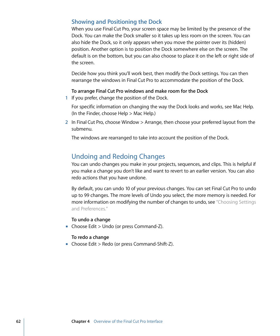 Showing and positioning the dock, Undoing and redoing changes | Apple Final Cut Pro 7 User Manual | Page 62 / 1990