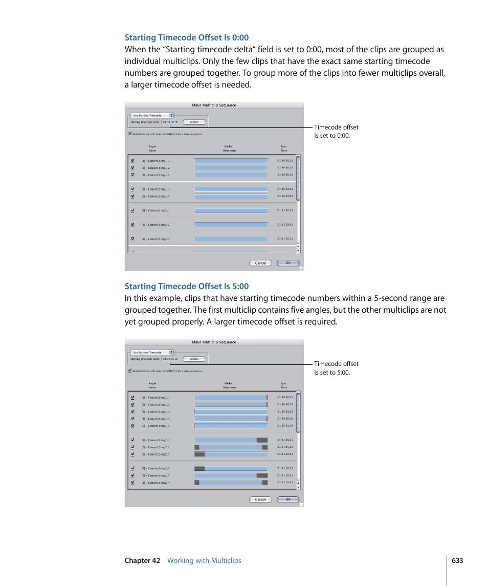 Starting timecode offset is 0:00, Starting timecode offset is 5:00 | Apple Final Cut Pro 7 User Manual | Page 633 / 1990