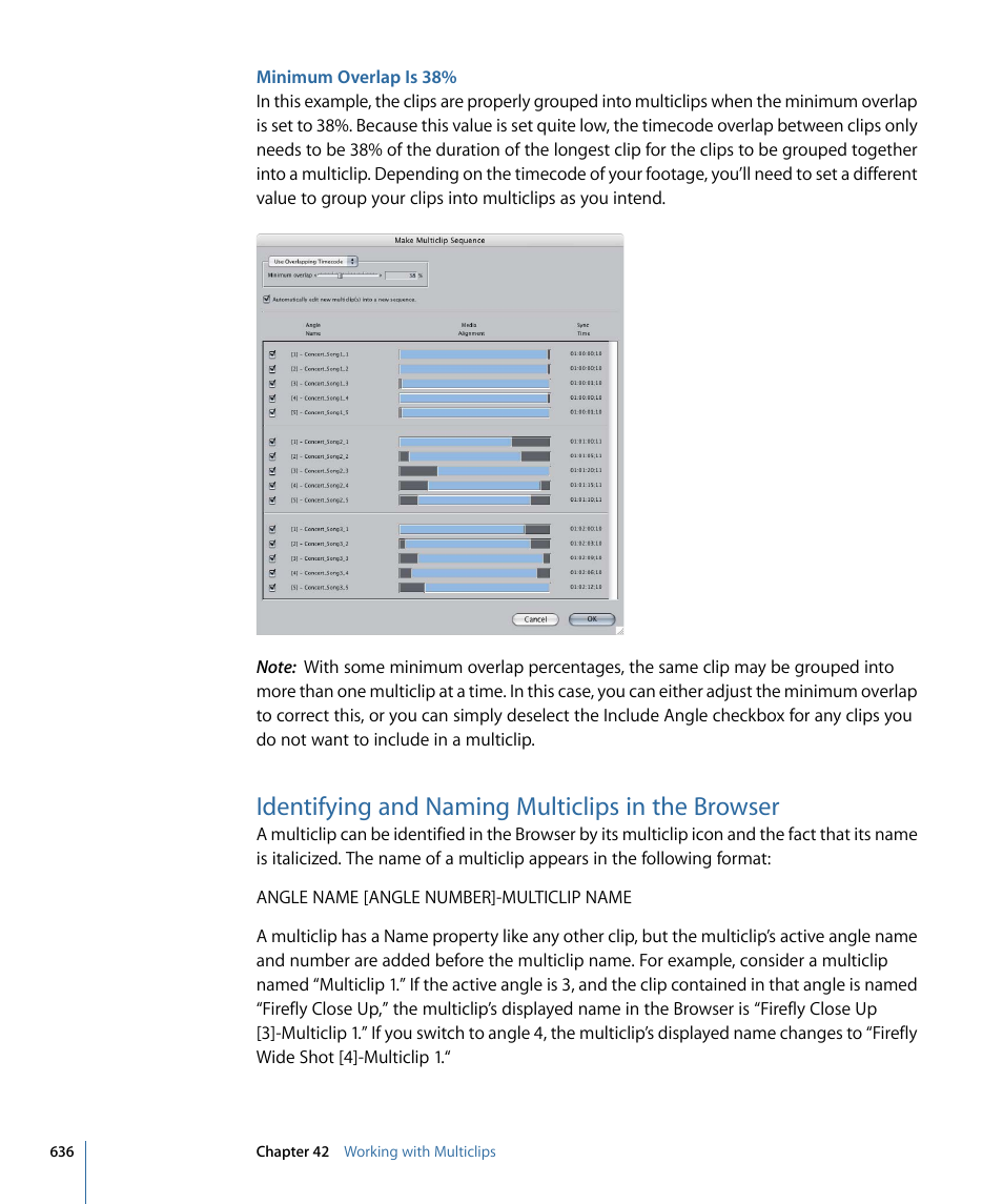 Minimum overlap is 38, Identifying and naming multiclips in the browser | Apple Final Cut Pro 7 User Manual | Page 636 / 1990