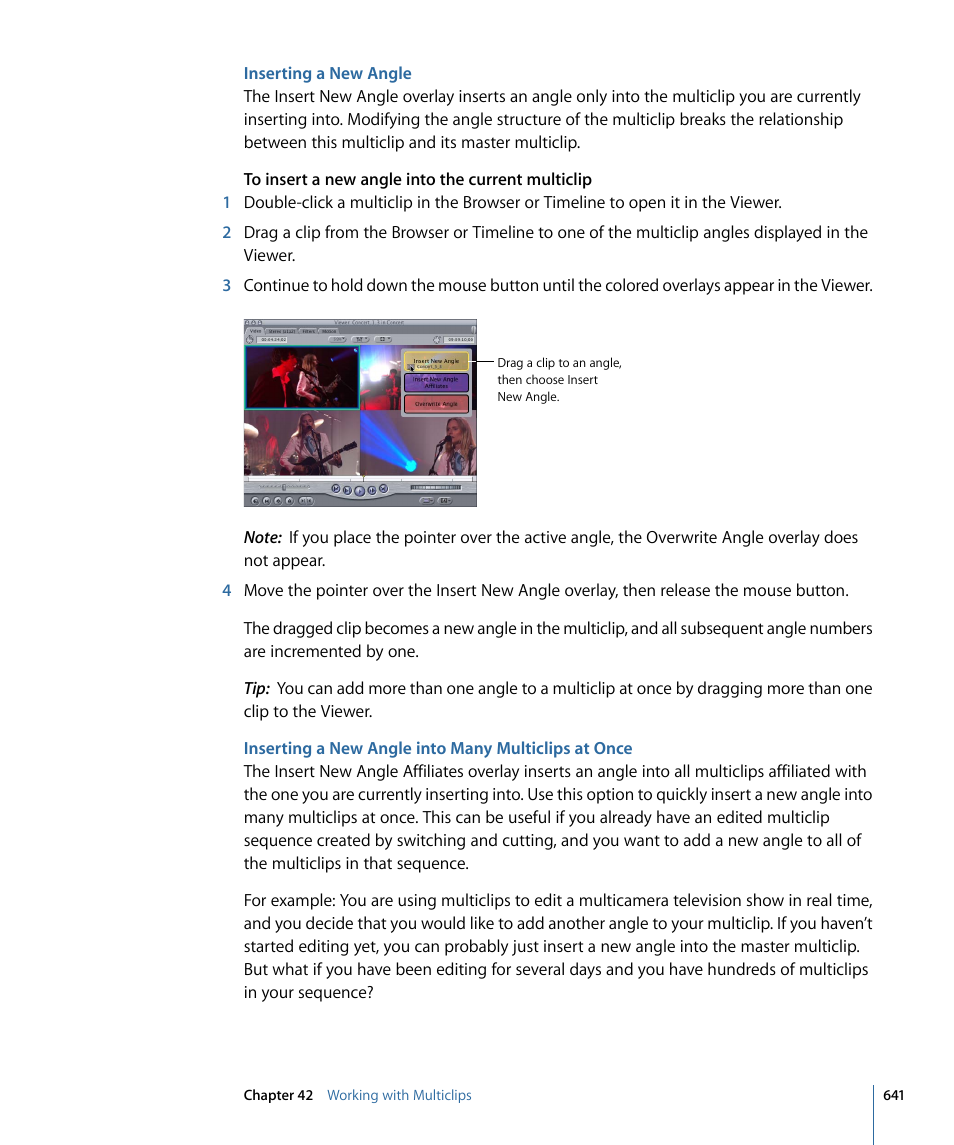 Inserting a new angle, Inserting a new angle into many multiclips at once | Apple Final Cut Pro 7 User Manual | Page 641 / 1990