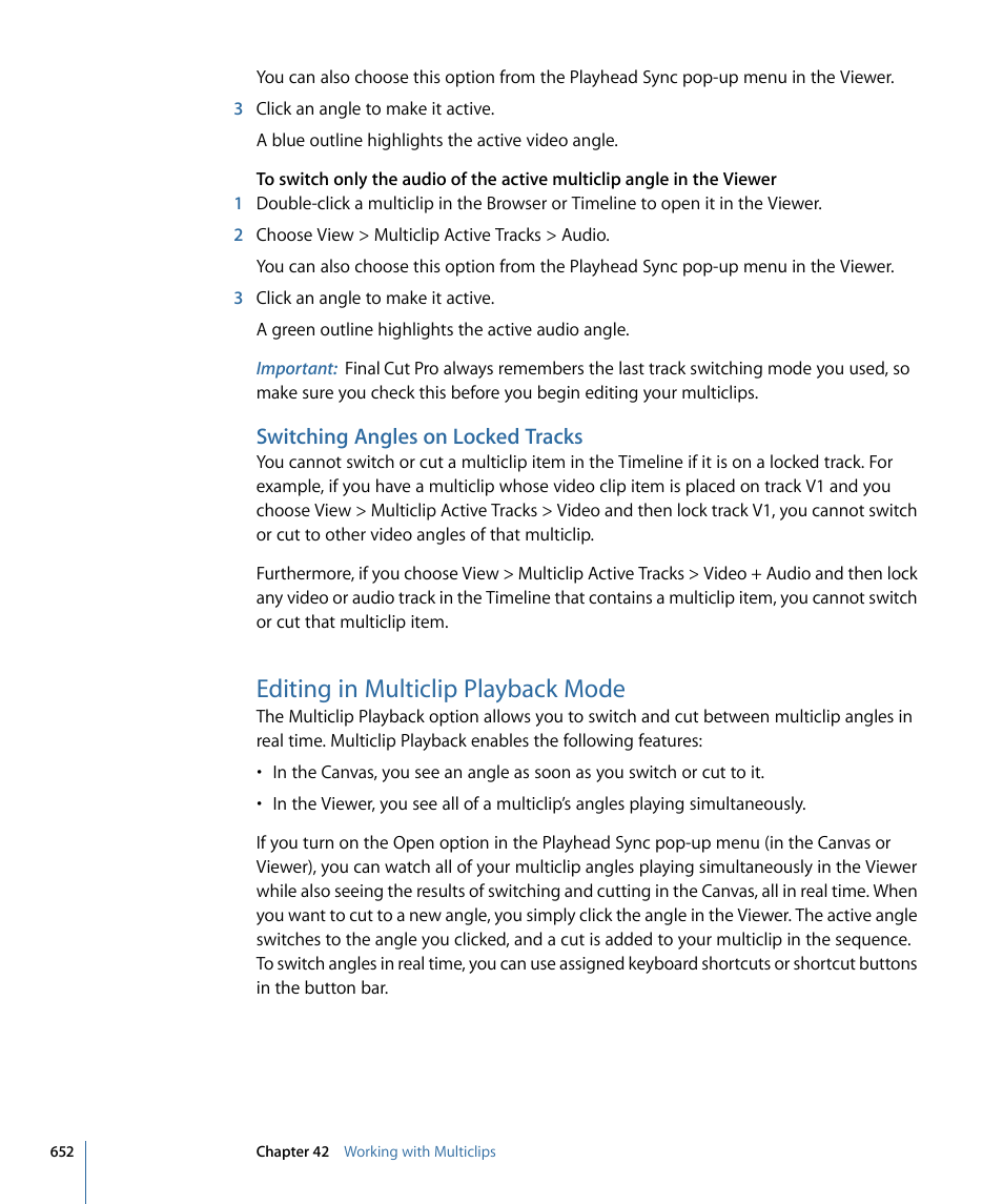 Switching angles on locked tracks, Editing in multiclip playback mode | Apple Final Cut Pro 7 User Manual | Page 652 / 1990