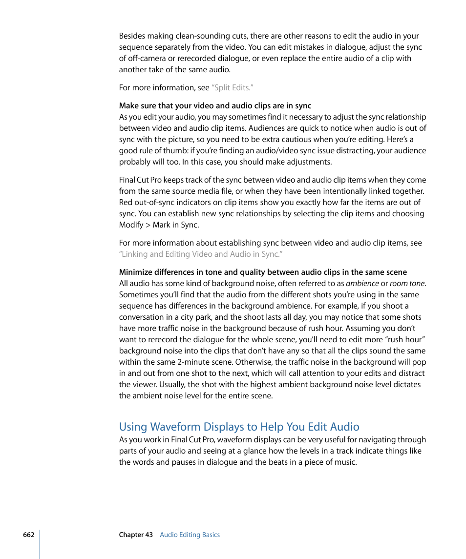 Using waveform displays to help you edit audio | Apple Final Cut Pro 7 User Manual | Page 662 / 1990