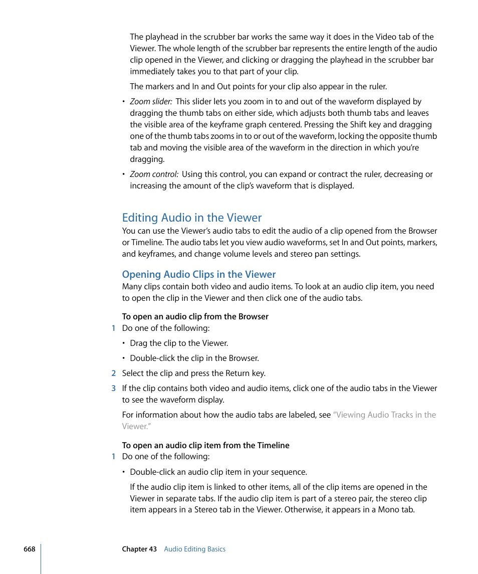 Editing audio in the viewer, Opening audio clips in the viewer | Apple Final Cut Pro 7 User Manual | Page 668 / 1990