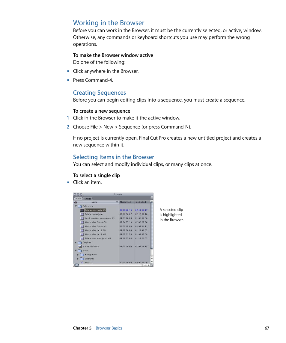 Working in the browser, Creating sequences, Selecting items in the browser | Apple Final Cut Pro 7 User Manual | Page 67 / 1990