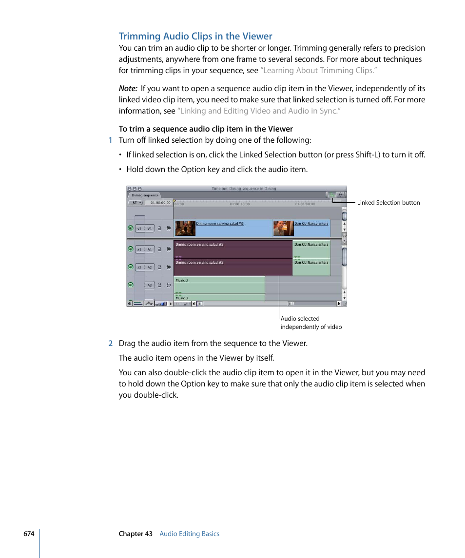 Trimming audio clips in the viewer | Apple Final Cut Pro 7 User Manual | Page 674 / 1990