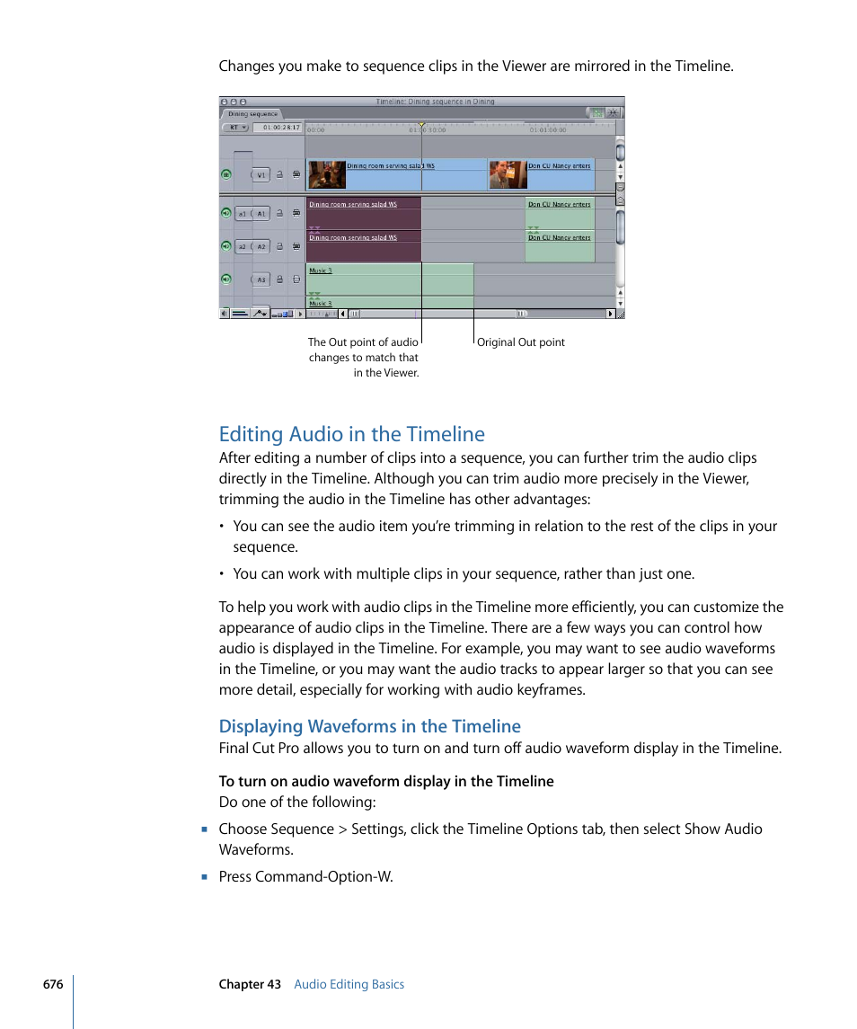 Editing audio in the timeline, Displaying waveforms in the timeline | Apple Final Cut Pro 7 User Manual | Page 676 / 1990