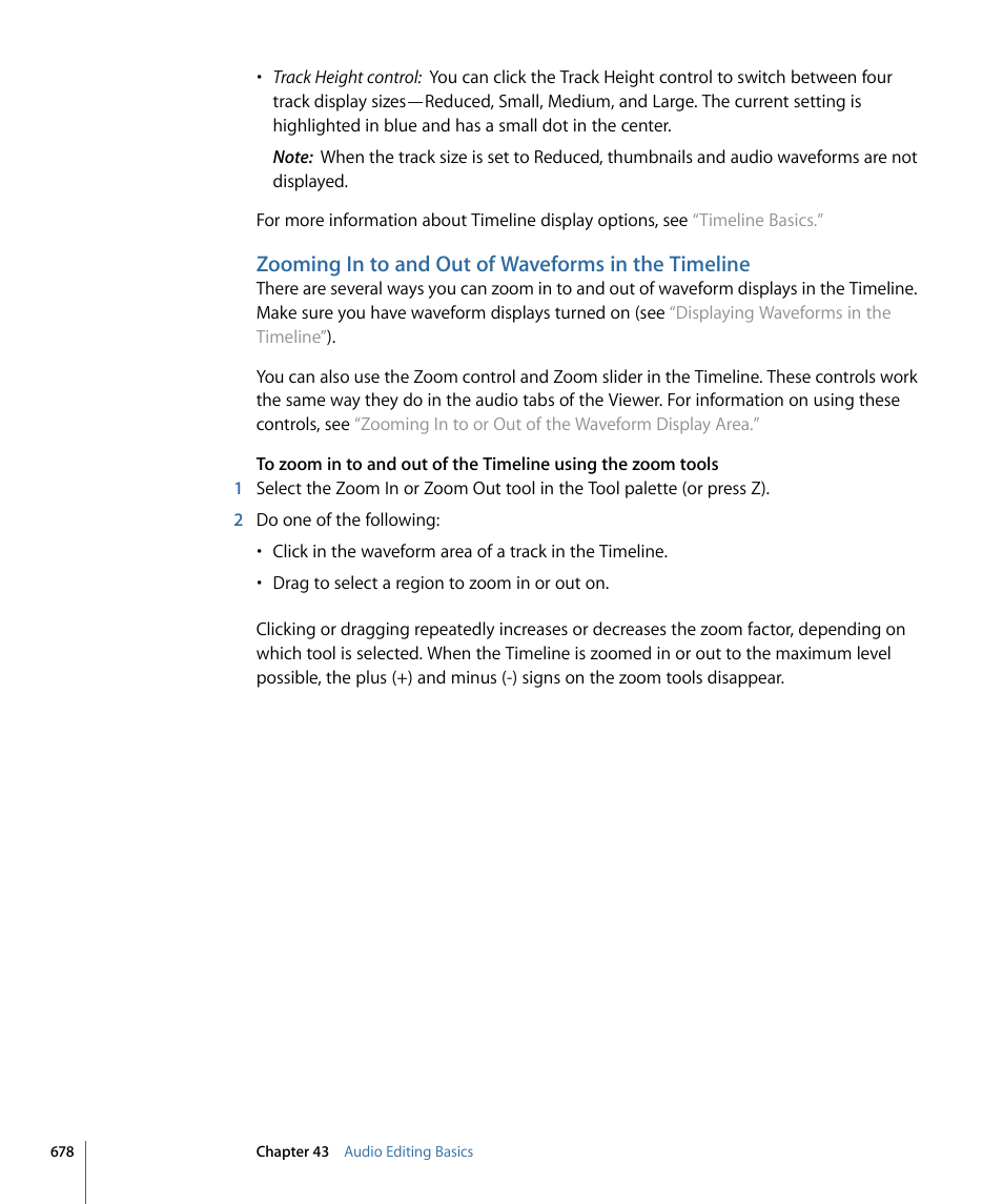 Zooming in to and out of waveforms in the timeline | Apple Final Cut Pro 7 User Manual | Page 678 / 1990