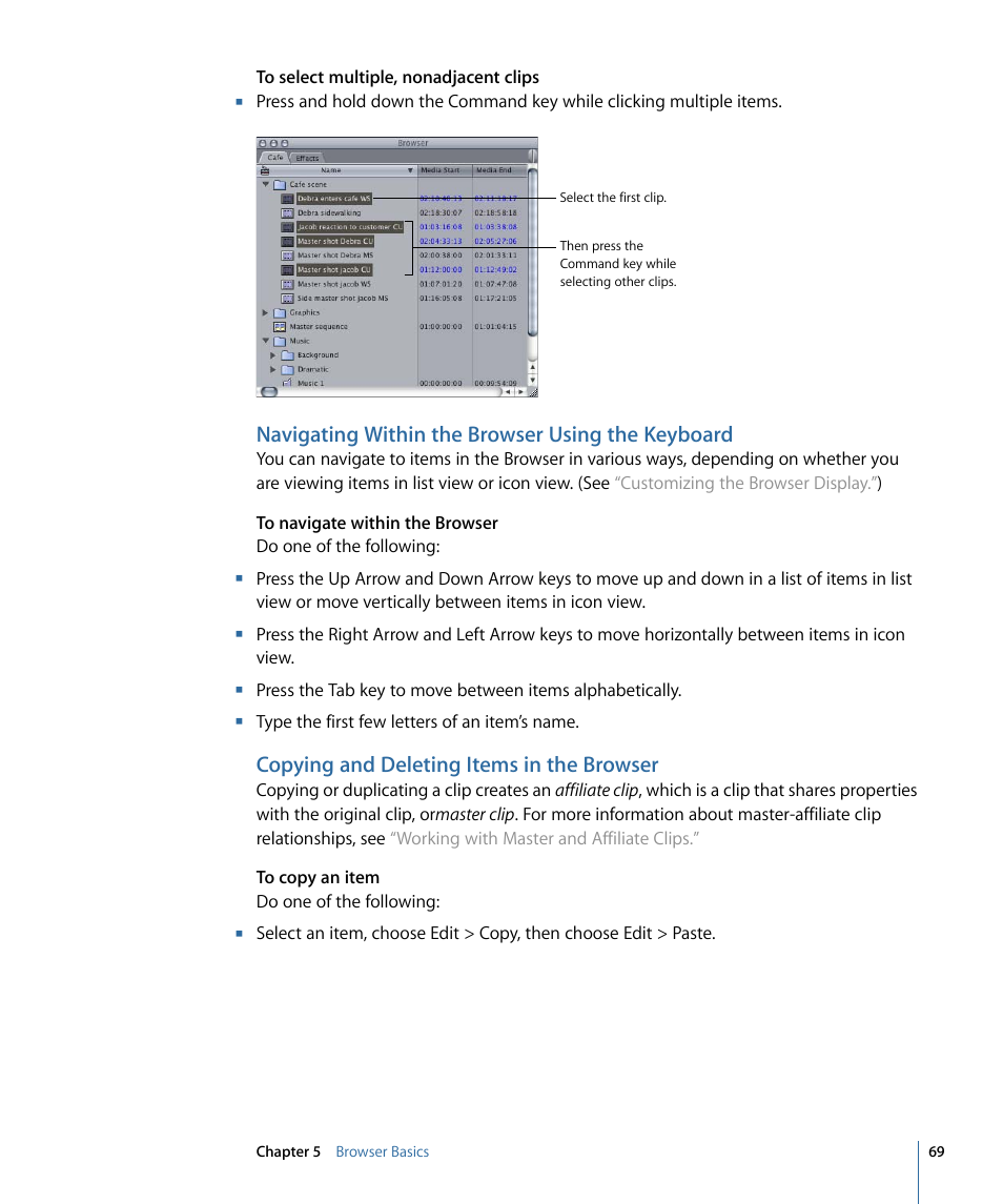 Navigating within the browser using the keyboard, Copying and deleting items in the browser | Apple Final Cut Pro 7 User Manual | Page 69 / 1990