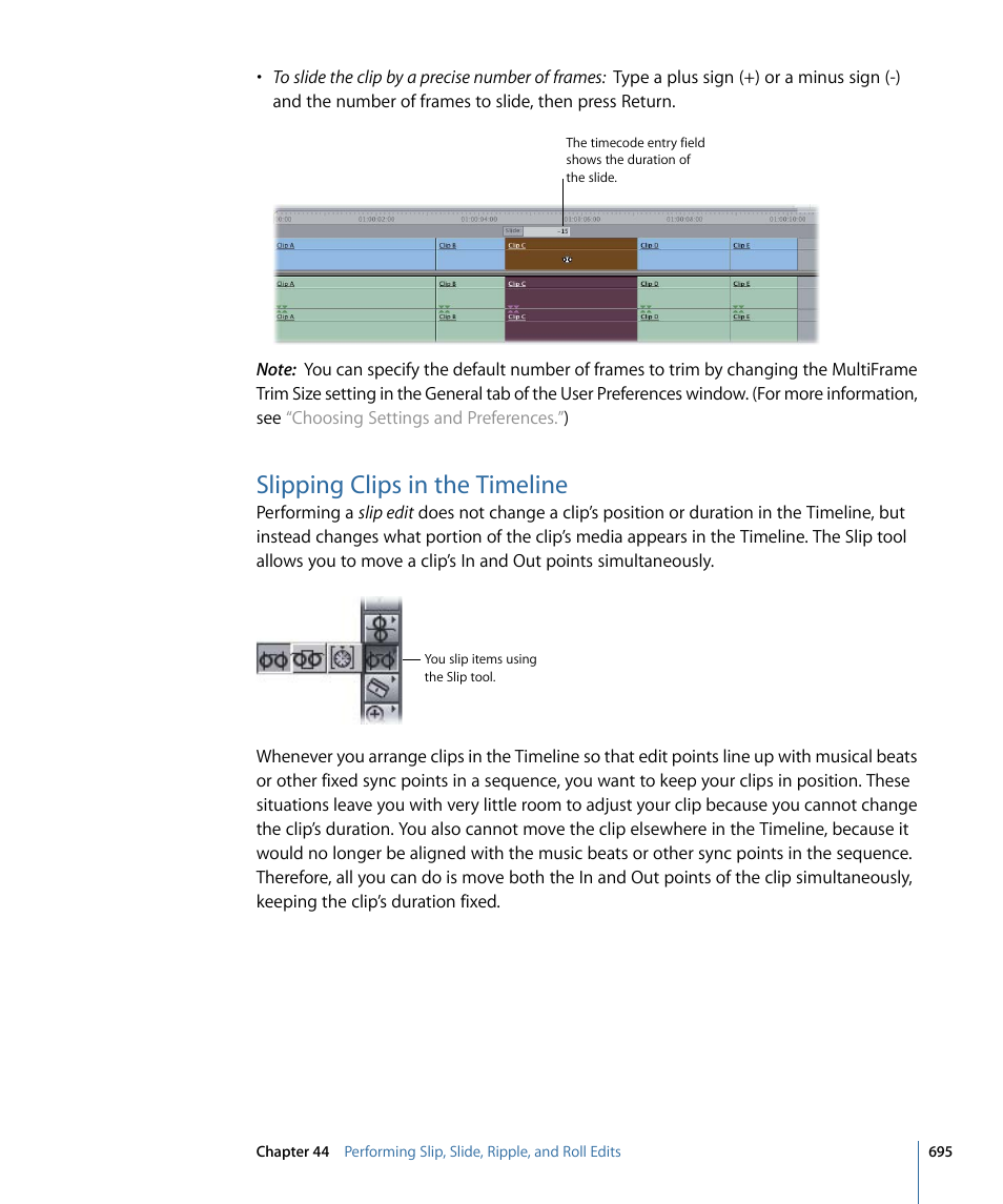 Slipping clips in the timeline | Apple Final Cut Pro 7 User Manual | Page 695 / 1990