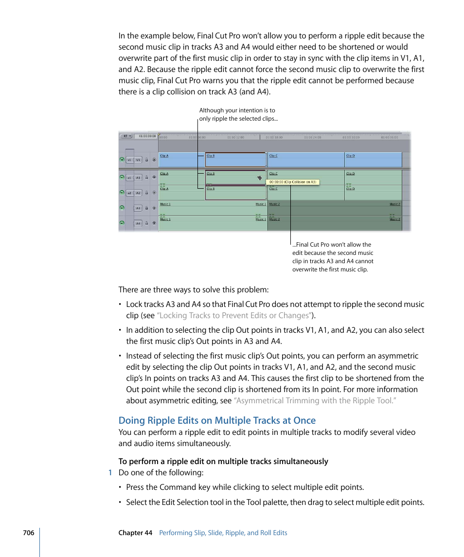 Doing ripple edits on multiple tracks at once | Apple Final Cut Pro 7 User Manual | Page 706 / 1990