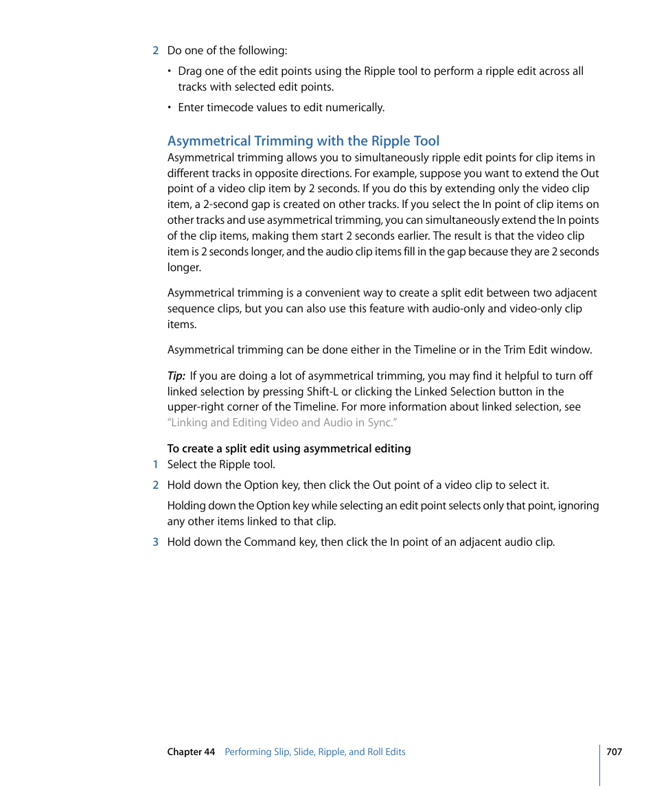 Asymmetrical trimming with the ripple tool | Apple Final Cut Pro 7 User Manual | Page 707 / 1990