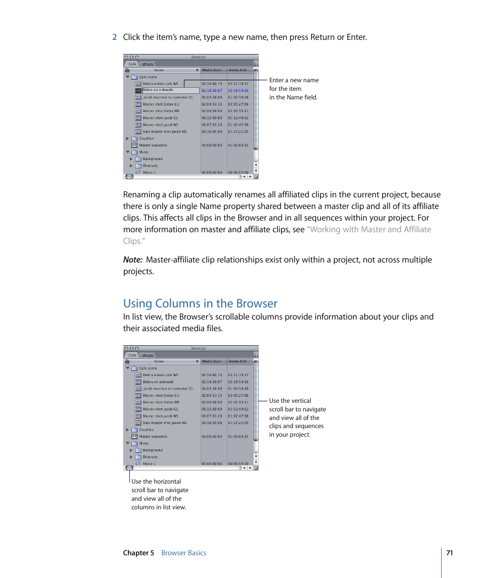 Using columns in the browser | Apple Final Cut Pro 7 User Manual | Page 71 / 1990