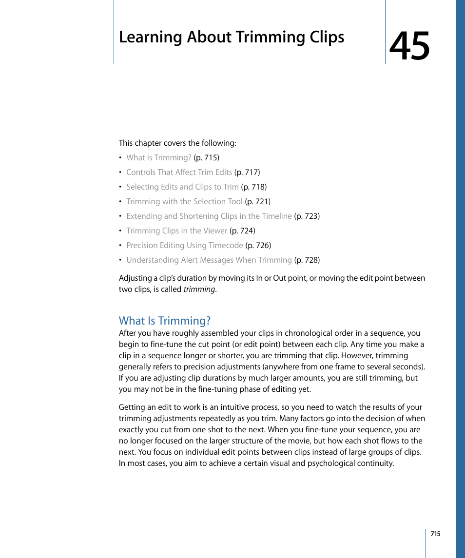 Learning about trimming clips, What is trimming | Apple Final Cut Pro 7 User Manual | Page 715 / 1990