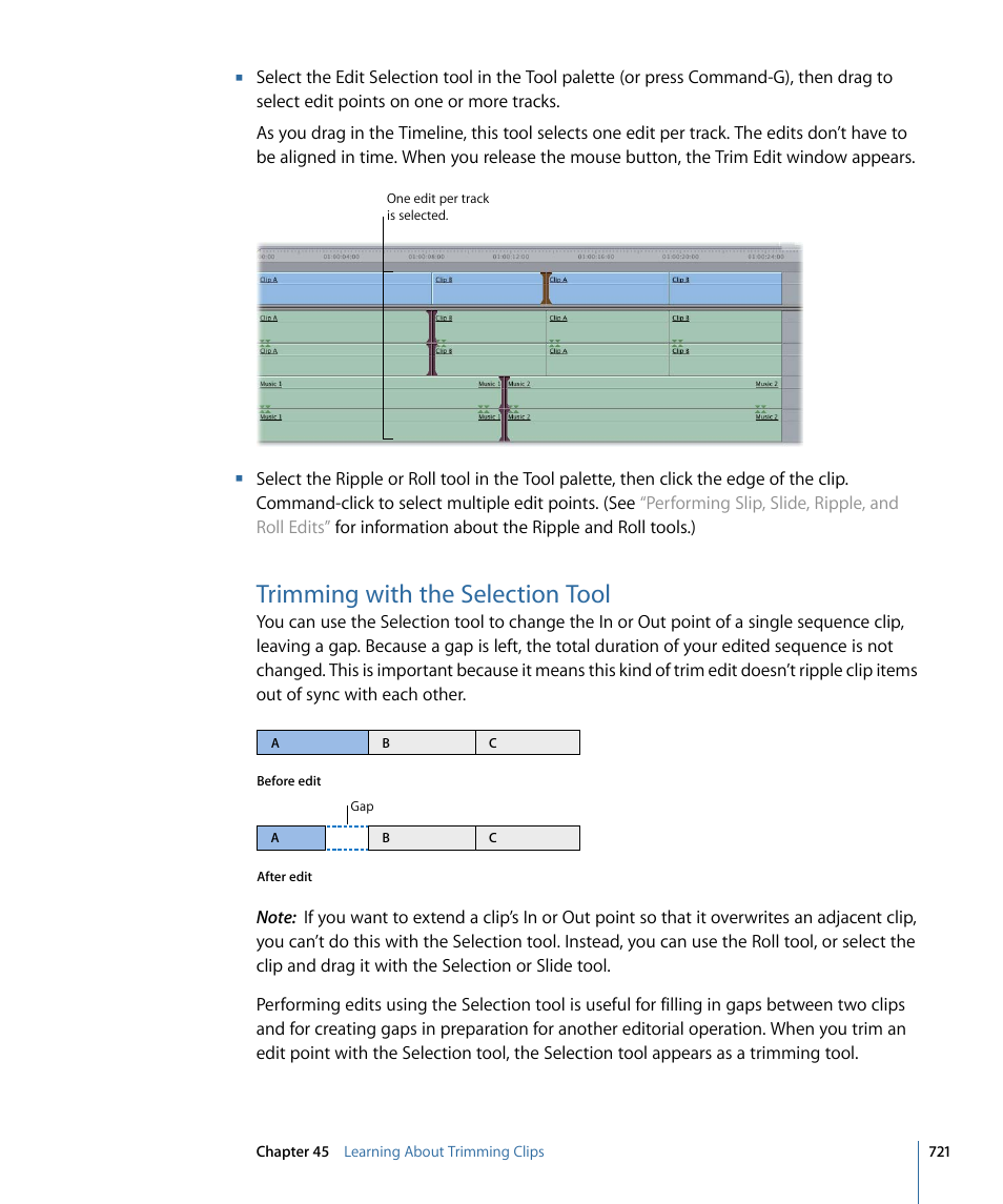 Trimming with the selection tool | Apple Final Cut Pro 7 User Manual | Page 721 / 1990