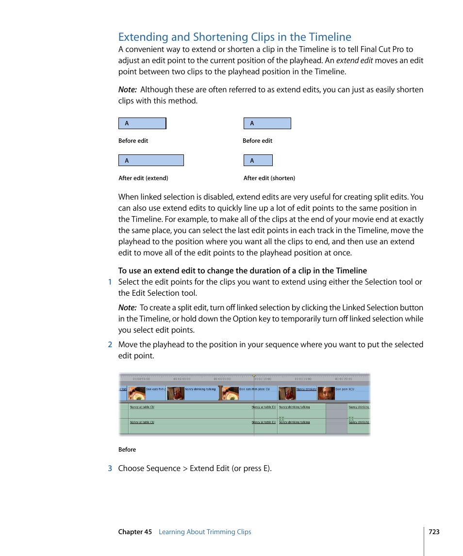 Extending and shortening clips in the timeline | Apple Final Cut Pro 7 User Manual | Page 723 / 1990