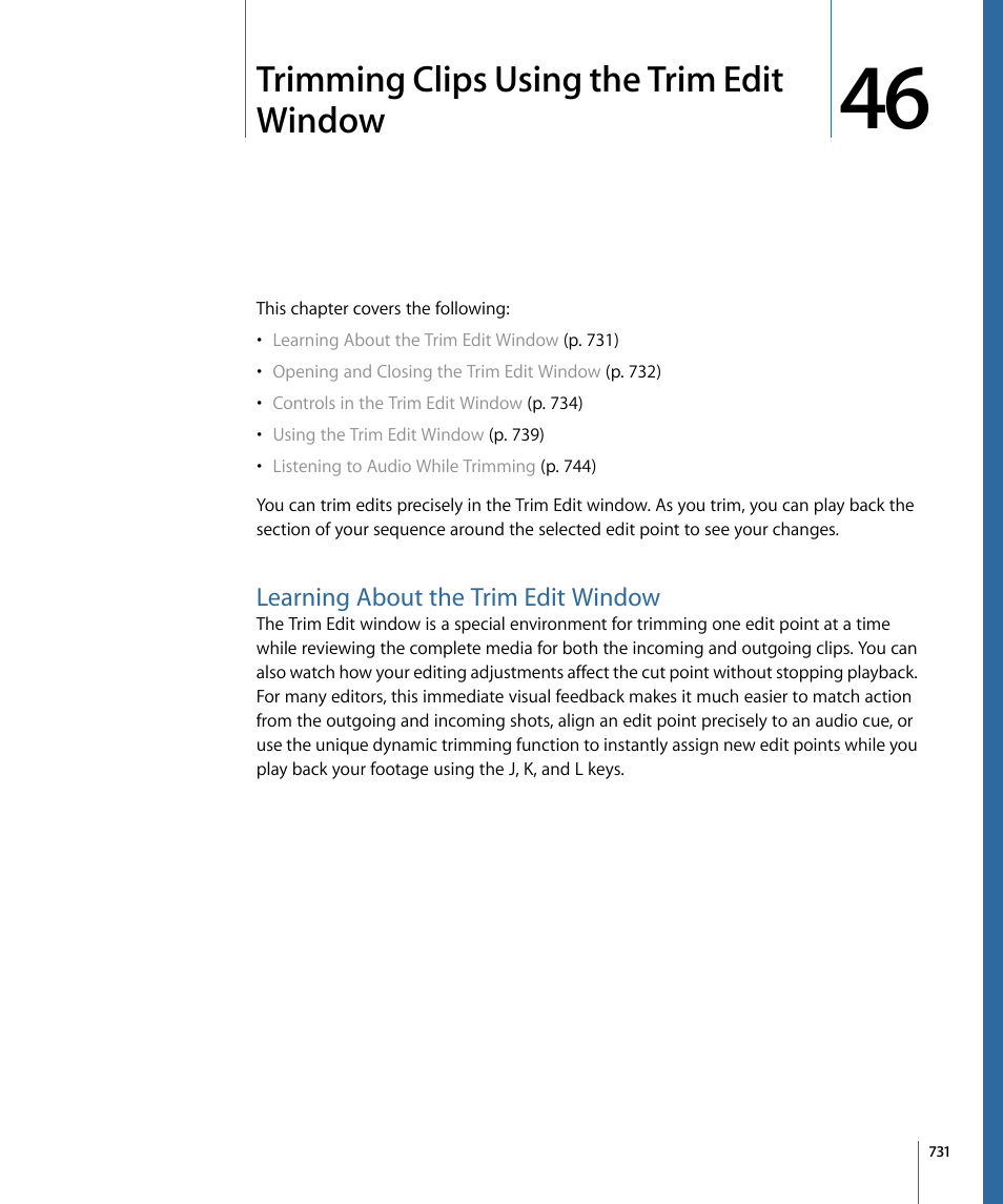 Trimming clips using the trim edit window, Learning about the trim edit window, Trimming | Clips using the trim edit window | Apple Final Cut Pro 7 User Manual | Page 731 / 1990