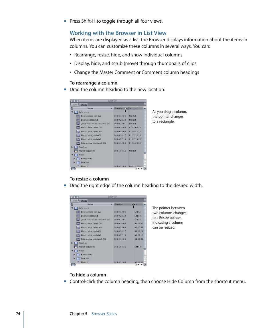 Working with the browser in list view | Apple Final Cut Pro 7 User Manual | Page 74 / 1990