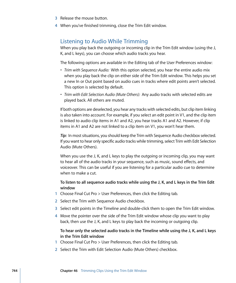 Listening to audio while trimming | Apple Final Cut Pro 7 User Manual | Page 744 / 1990