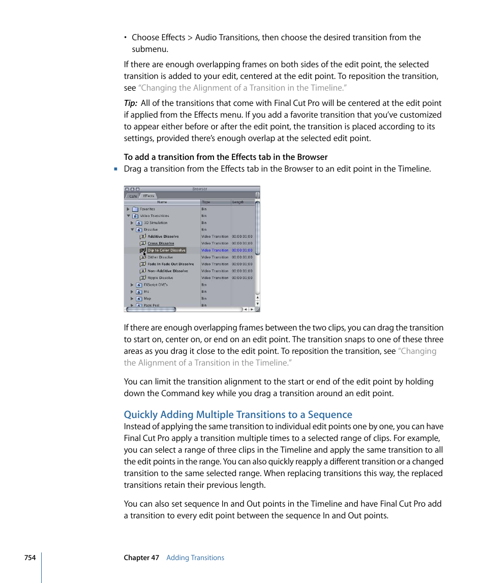 Quickly adding multiple transitions to a sequence | Apple Final Cut Pro 7 User Manual | Page 754 / 1990