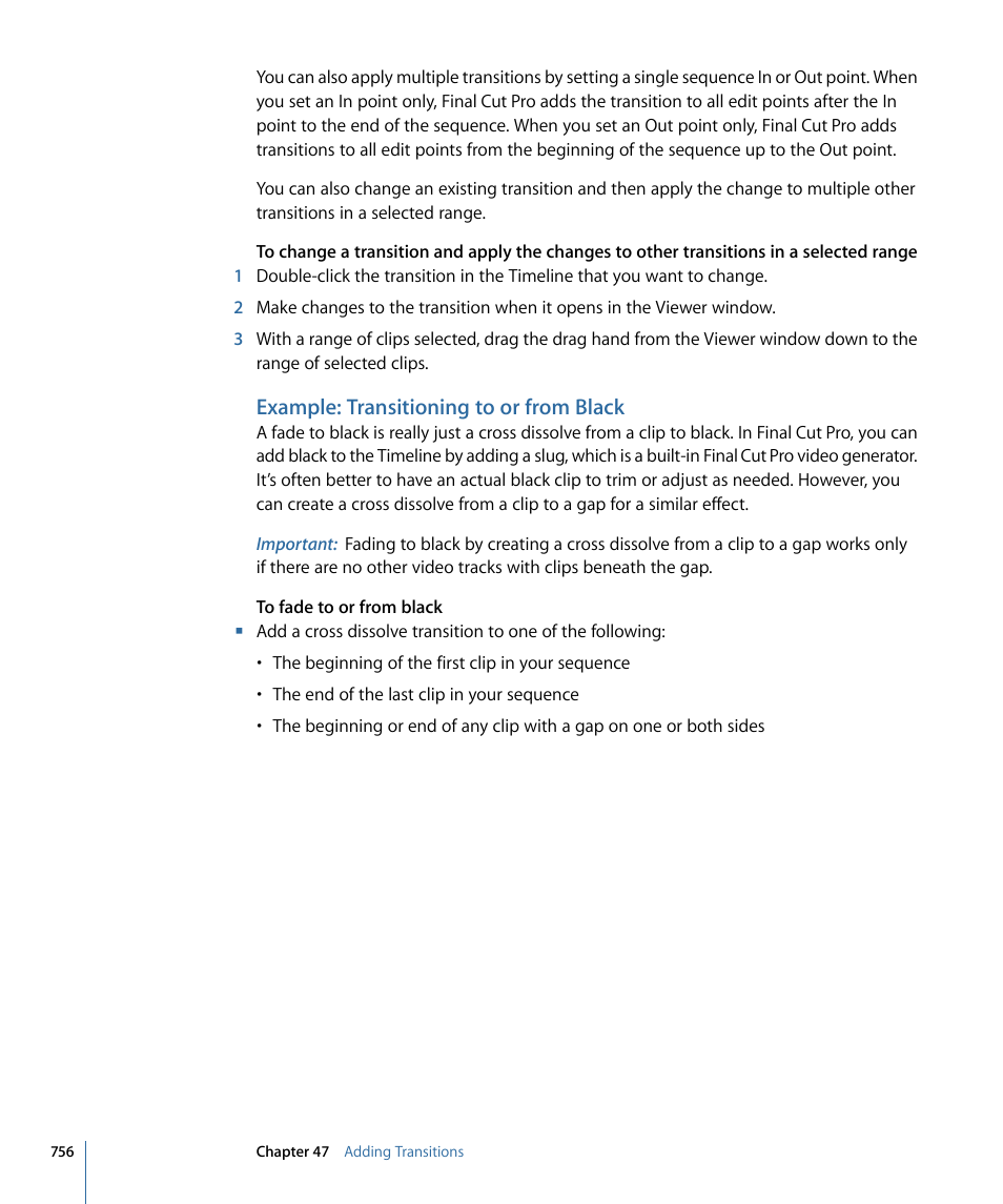 Example: transitioning to or from black | Apple Final Cut Pro 7 User Manual | Page 756 / 1990