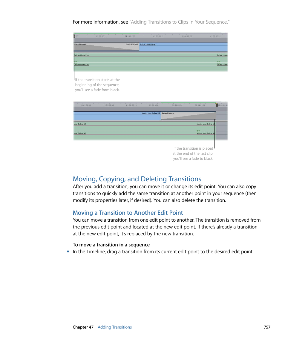 Moving, copying, and deleting transitions, Moving a transition to another edit point | Apple Final Cut Pro 7 User Manual | Page 757 / 1990