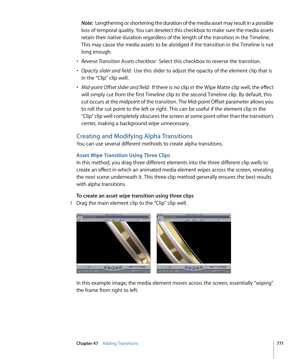 Creating and modifying alpha transitions, Asset wipe transition using three clips | Apple Final Cut Pro 7 User Manual | Page 771 / 1990