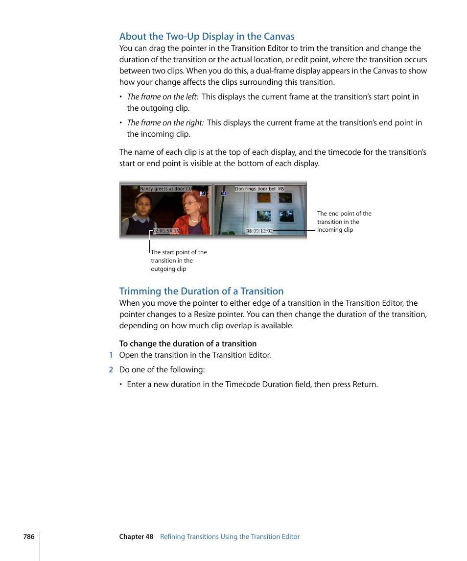 About the two-up display in the canvas, Trimming the duration of a transition | Apple Final Cut Pro 7 User Manual | Page 786 / 1990