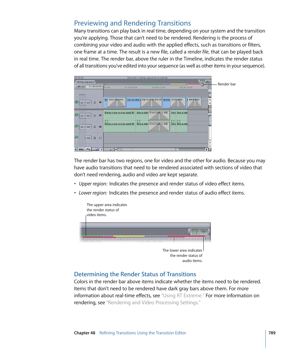 Previewing and rendering transitions, Determining the render status of transitions | Apple Final Cut Pro 7 User Manual | Page 789 / 1990