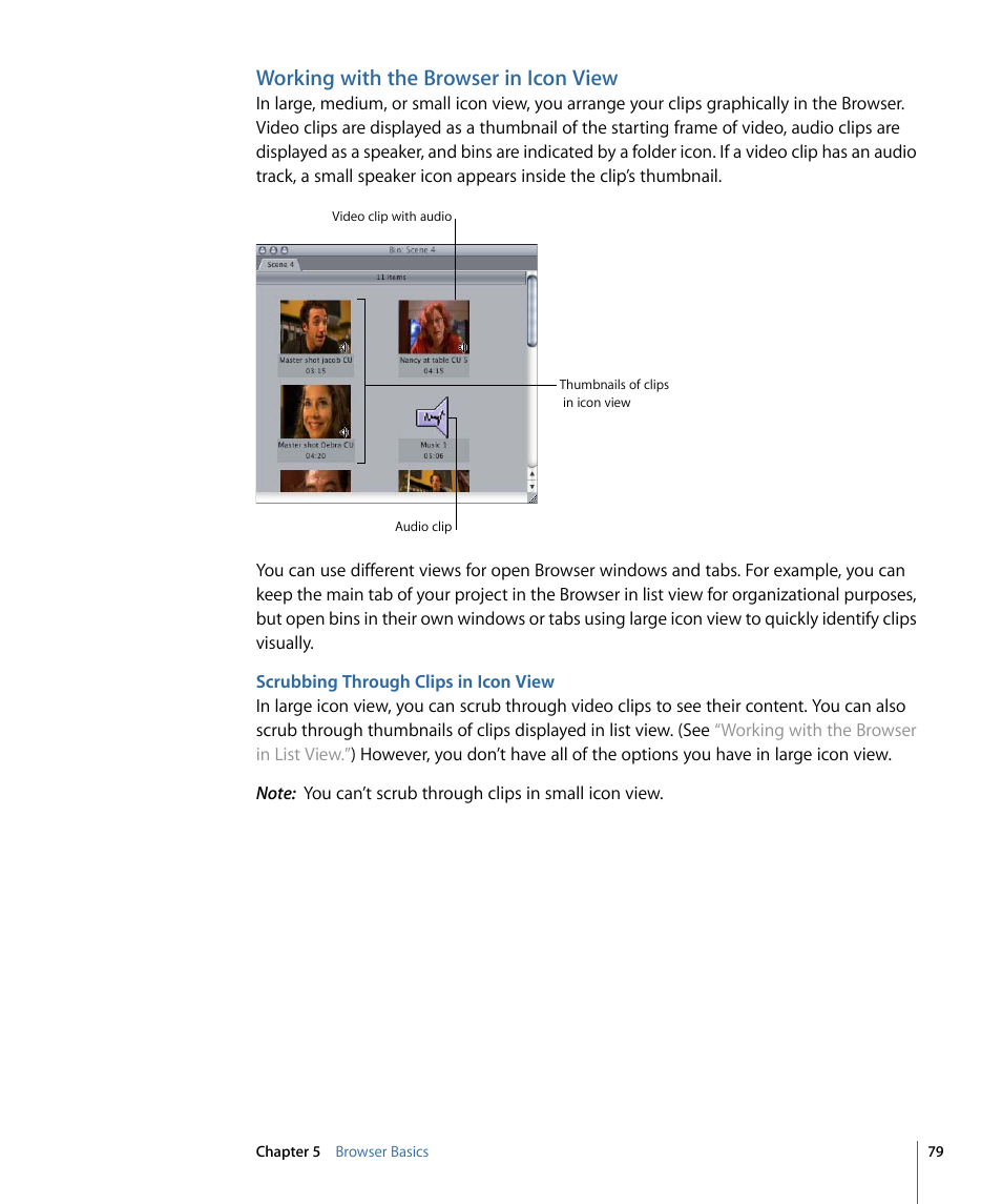 Working with the browser in icon view, Scrubbing through clips in icon view | Apple Final Cut Pro 7 User Manual | Page 79 / 1990