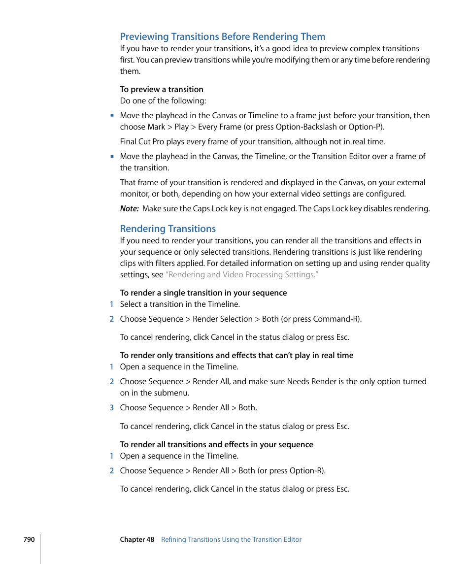 Previewing transitions before rendering them, Rendering transitions | Apple Final Cut Pro 7 User Manual | Page 790 / 1990