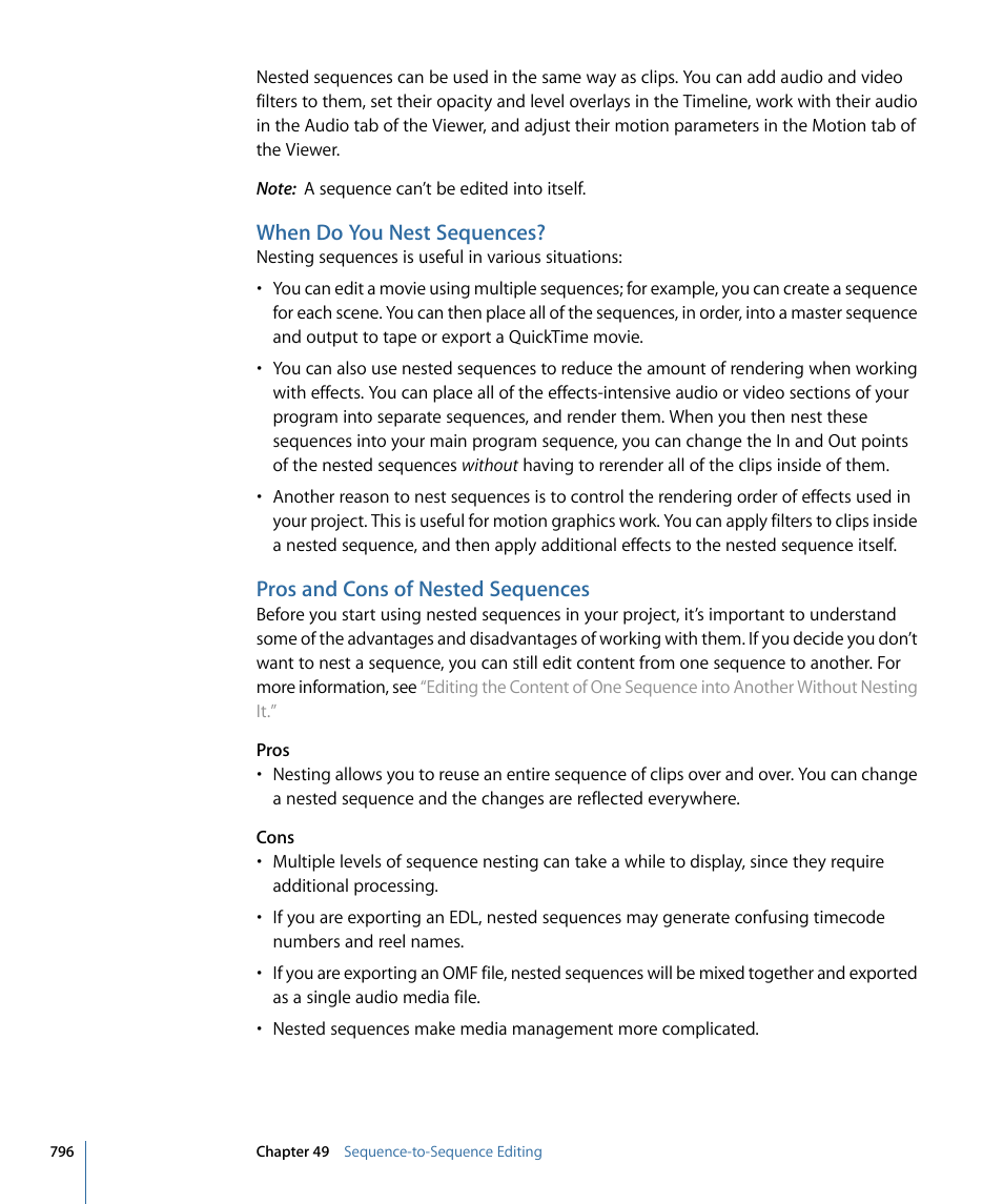 When do you nest sequences, Pros and cons of nested sequences | Apple Final Cut Pro 7 User Manual | Page 796 / 1990