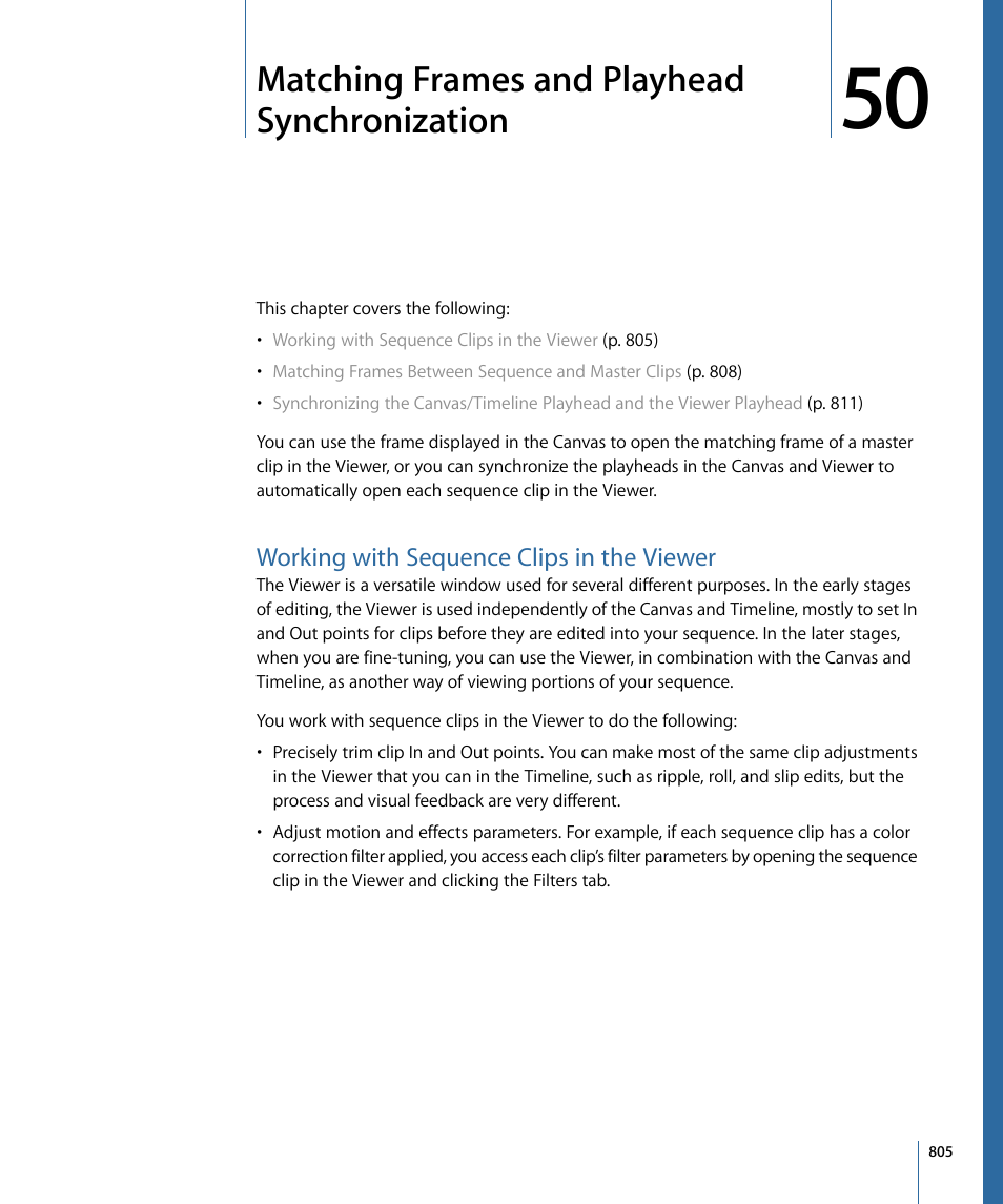 Matching frames and playhead synchronization, Working with sequence clips in the viewer, Matching frames and | Playhead synchronization, Matching, Frames and playhead synchronization | Apple Final Cut Pro 7 User Manual | Page 805 / 1990