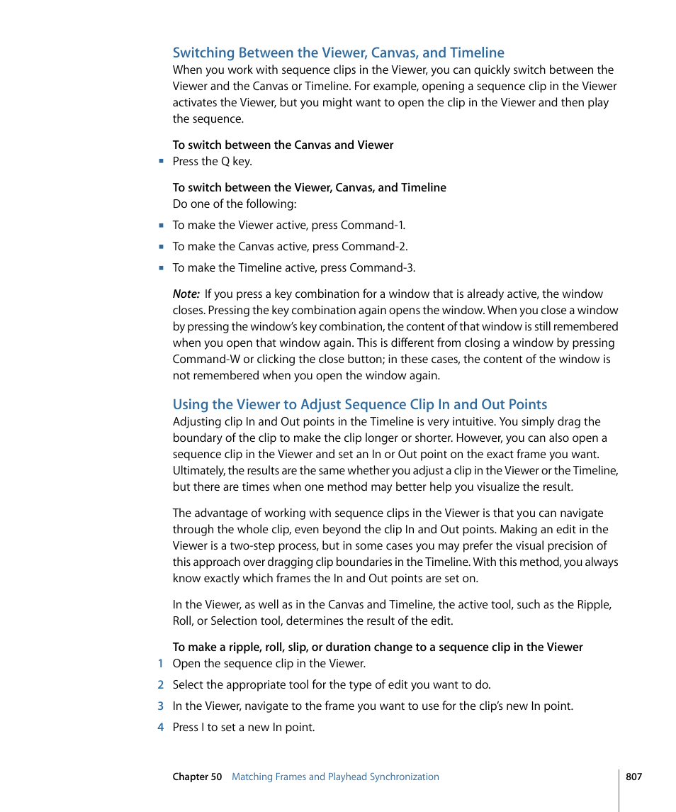 Switching between the viewer, canvas, and timeline | Apple Final Cut Pro 7 User Manual | Page 807 / 1990