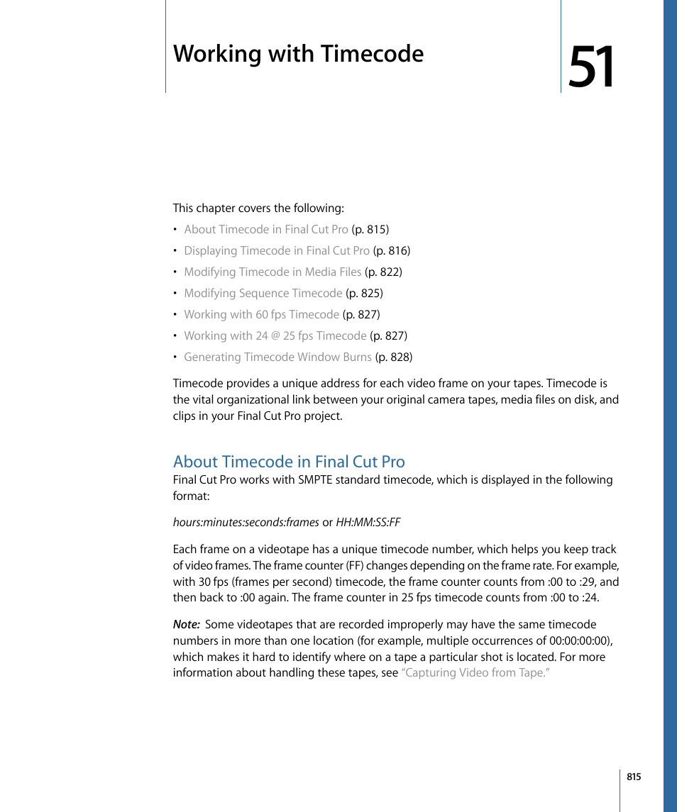 Working with timecode, About timecode in final cut pro | Apple Final Cut Pro 7 User Manual | Page 815 / 1990