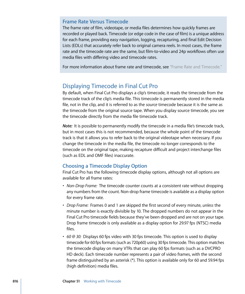 Displaying timecode in final cut pro, Choosing a timecode display option, Frame rate versus timecode | Apple Final Cut Pro 7 User Manual | Page 816 / 1990