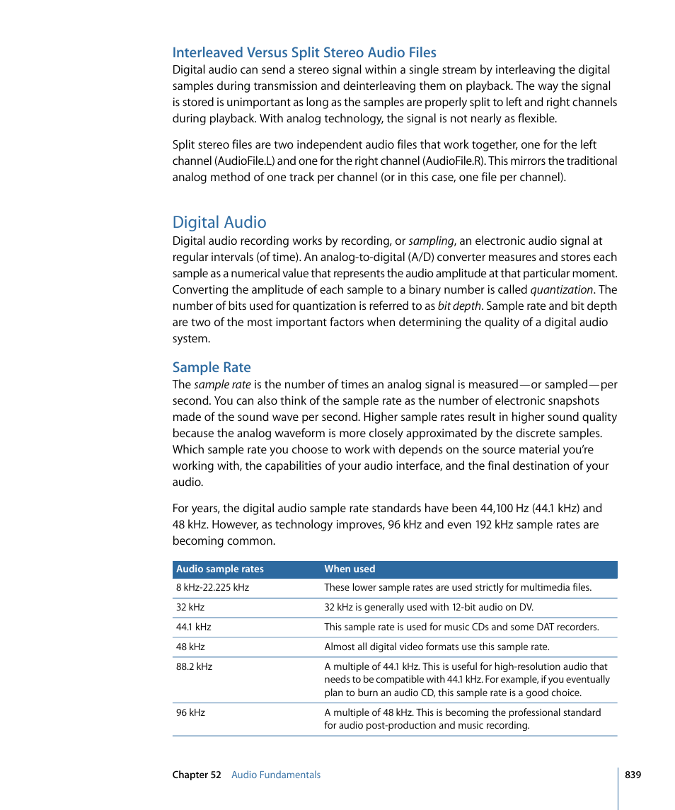 Interleaved versus split stereo audio files, Digital audio, Sample rate | Apple Final Cut Pro 7 User Manual | Page 839 / 1990