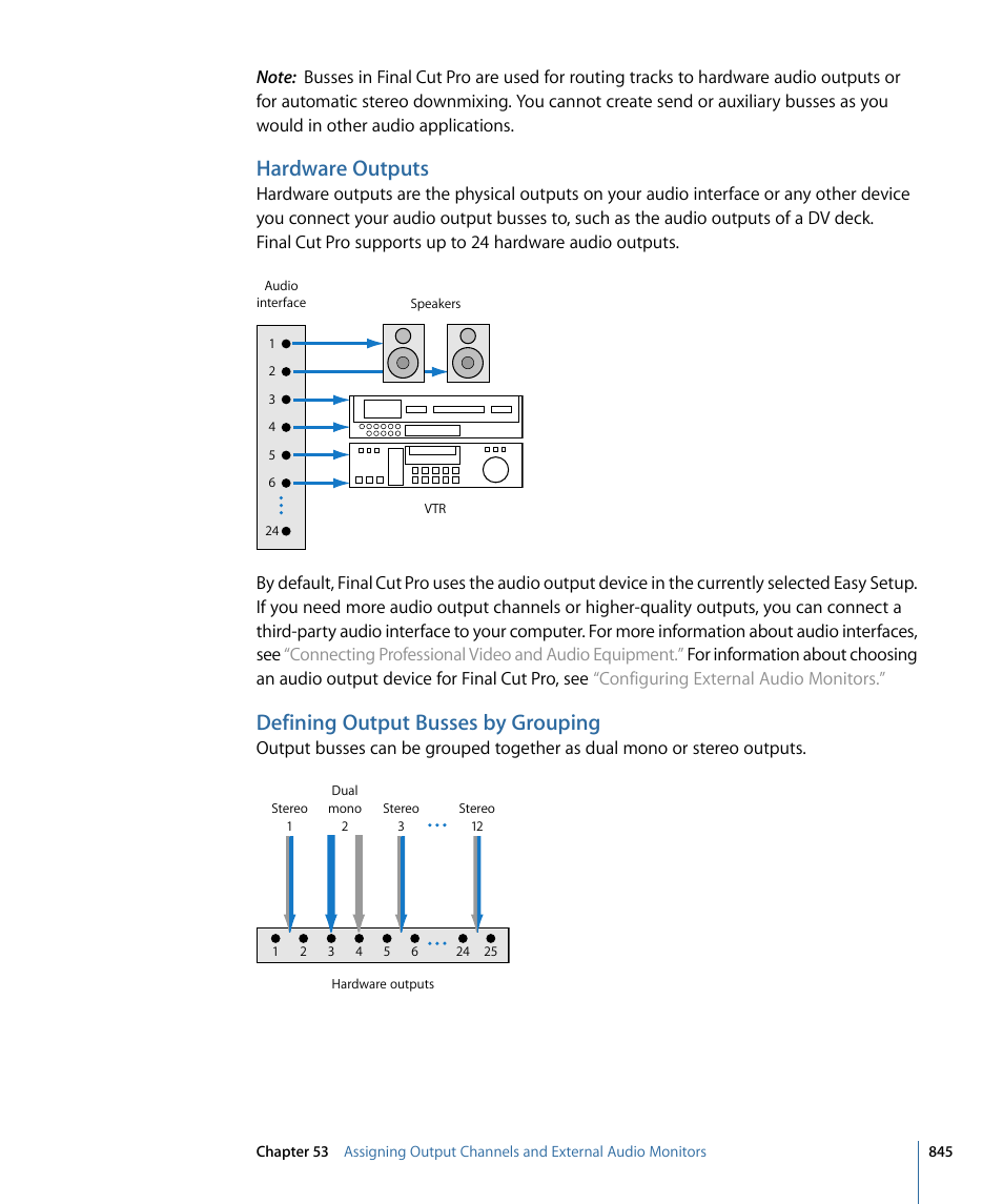 Hardware outputs, Defining output busses by grouping | Apple Final Cut Pro 7 User Manual | Page 845 / 1990